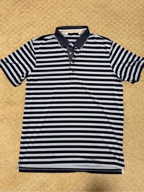 Men's Navy & White Striped Polo with Contrast Collar